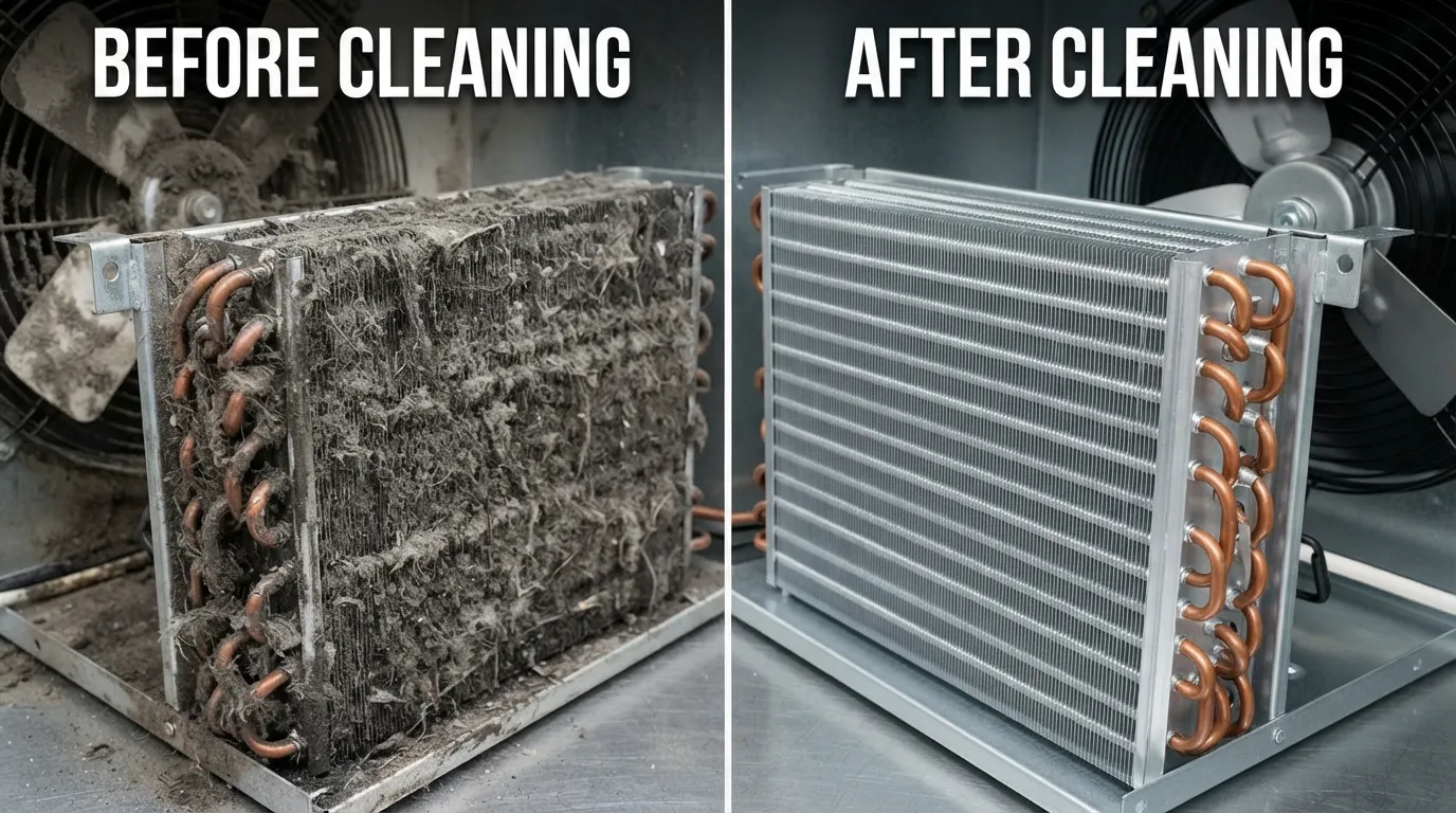 "Dust-matted walk-in cooler condenser coil before cleaning."