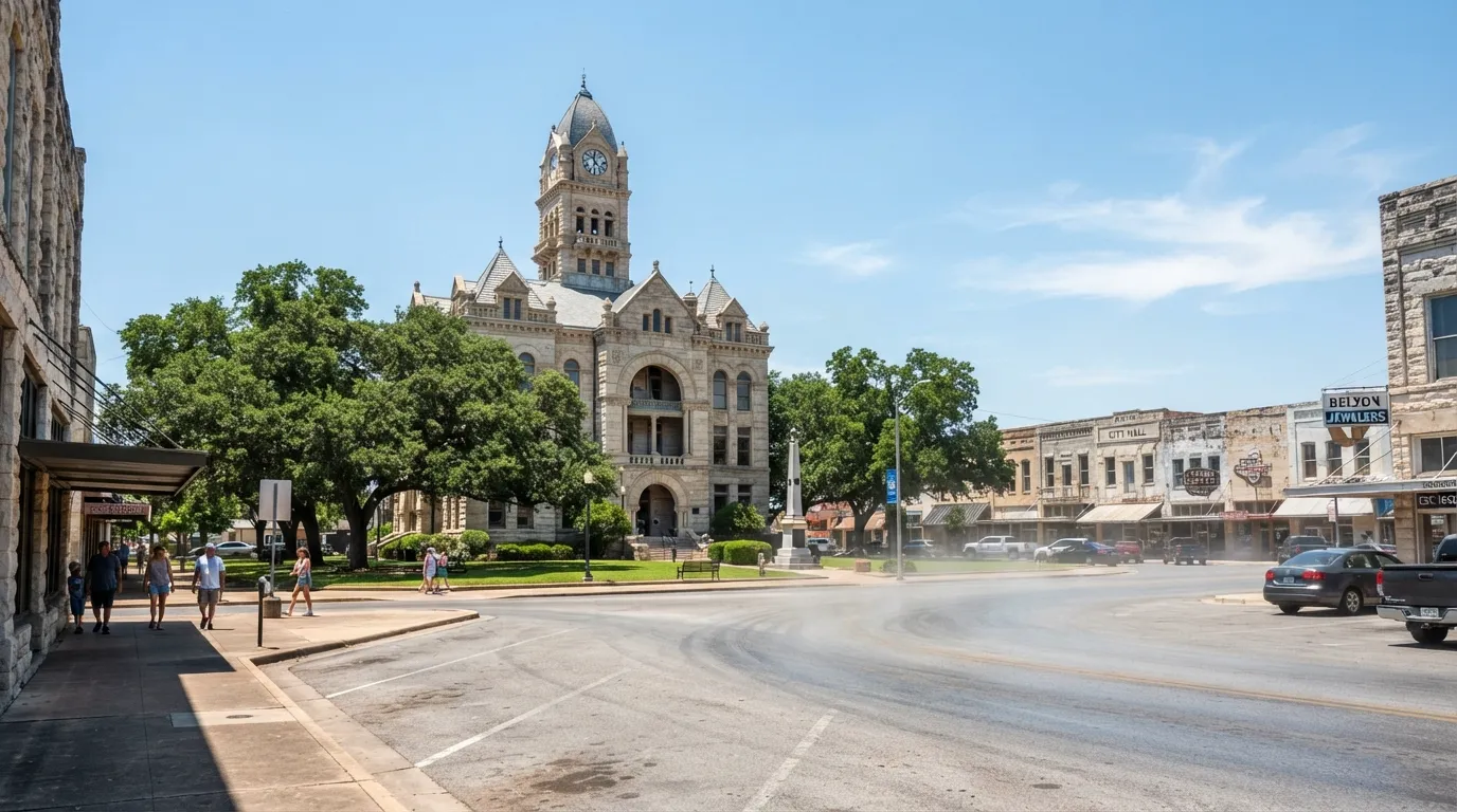 "Historic downtown Belton, TX on a hot Central Texas afternoon."