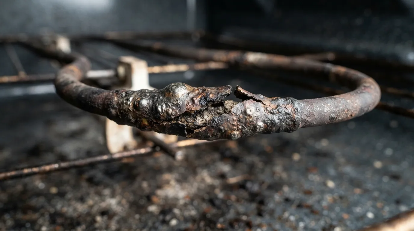 Blistered spot on a failed oven heating element.