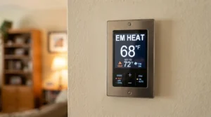 Digital thermostat displaying "EM HEAT" setting at 68°F with fan options, illustrating emergency heat function