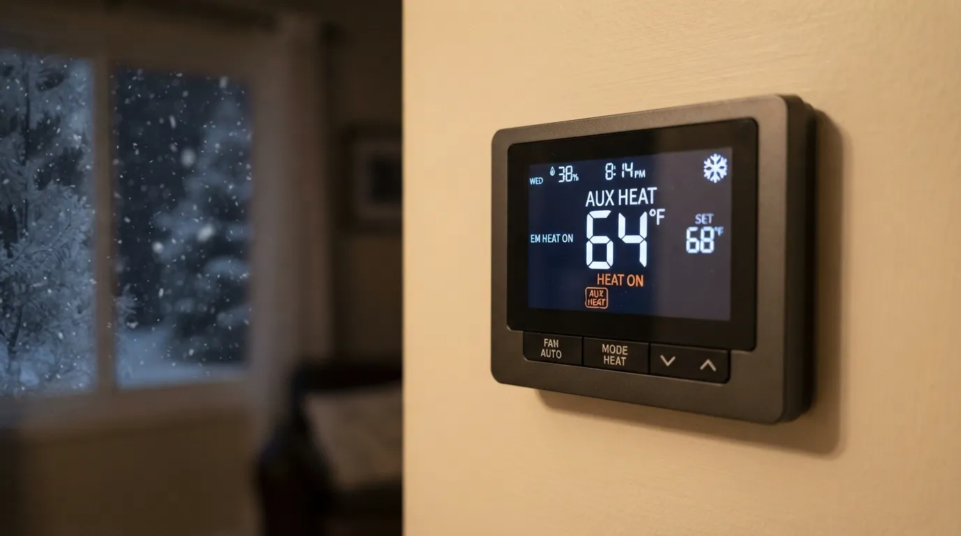 Thermostat set to auxiliary heat mode during freezing weather.