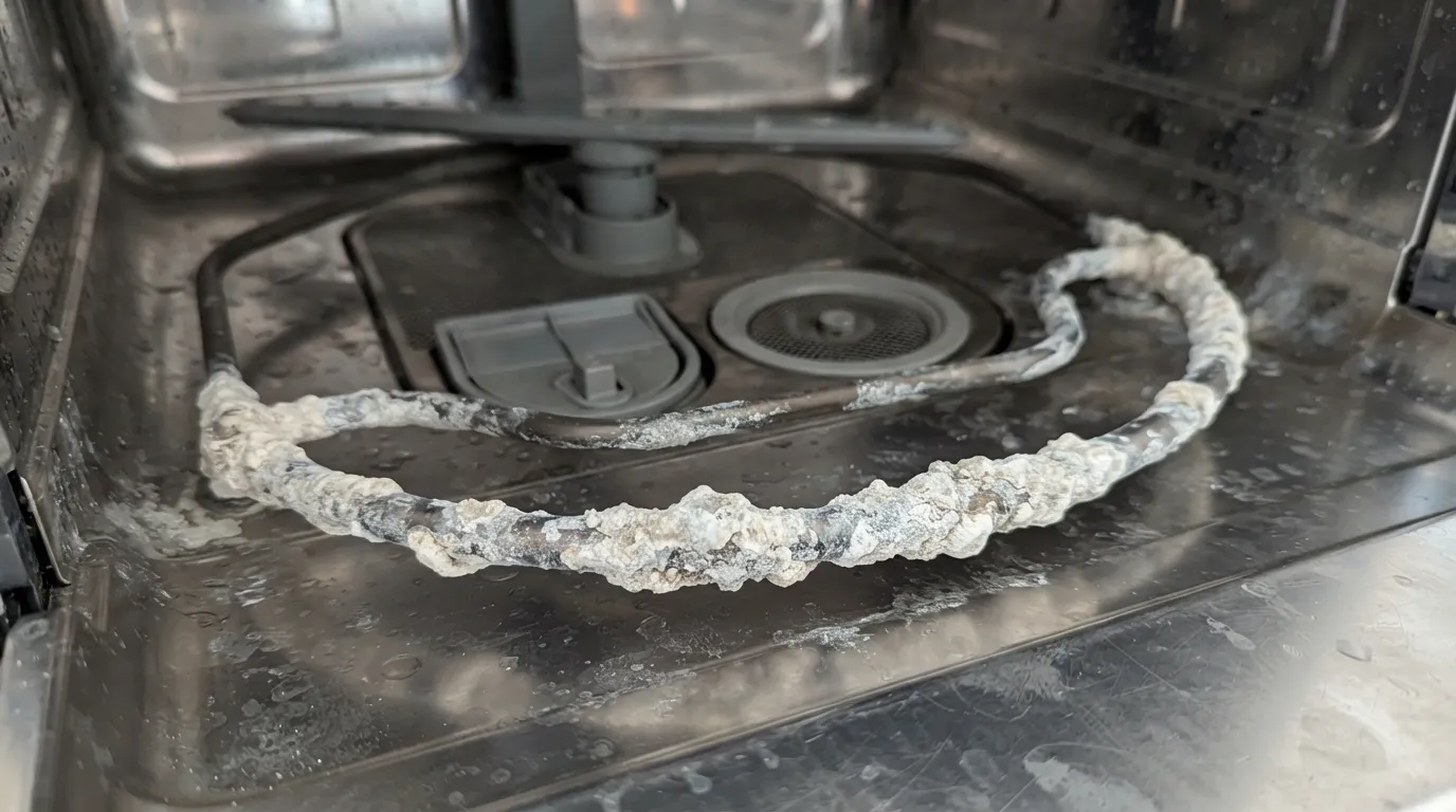 Hard water scale buildup on a dishwasher element in Bell County