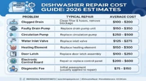 Typical dishwasher repair costs by problem, 2026