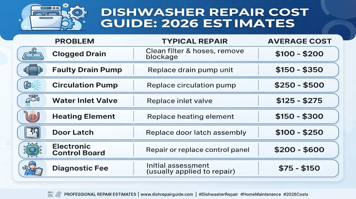 Typical dishwasher repair costs by problem, 2026