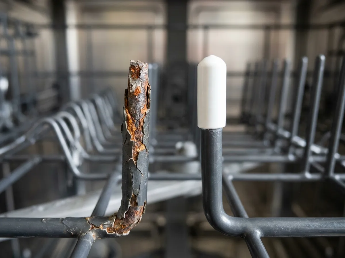 Dishwasher tine with vinyl repair cap installed beside a rusted tine