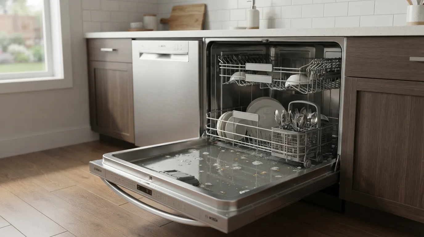Standing water pooled in the bottom of a dishwasher that won't drain