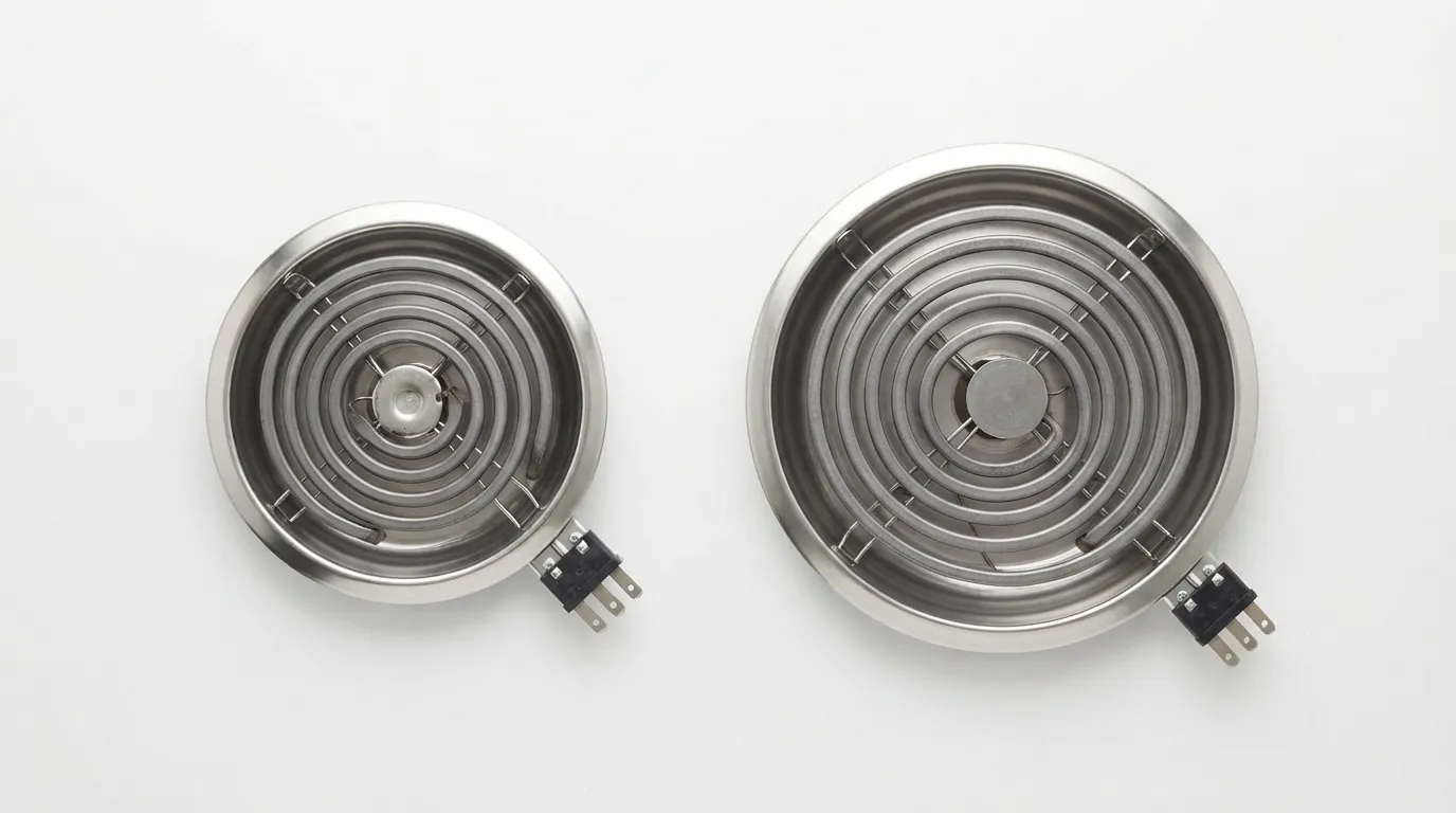 Six-inch and eight-inch electric stove coil burners compared.