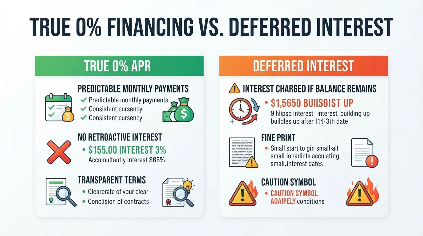 "True zero percent versus deferred interest HVAC financing compared." 