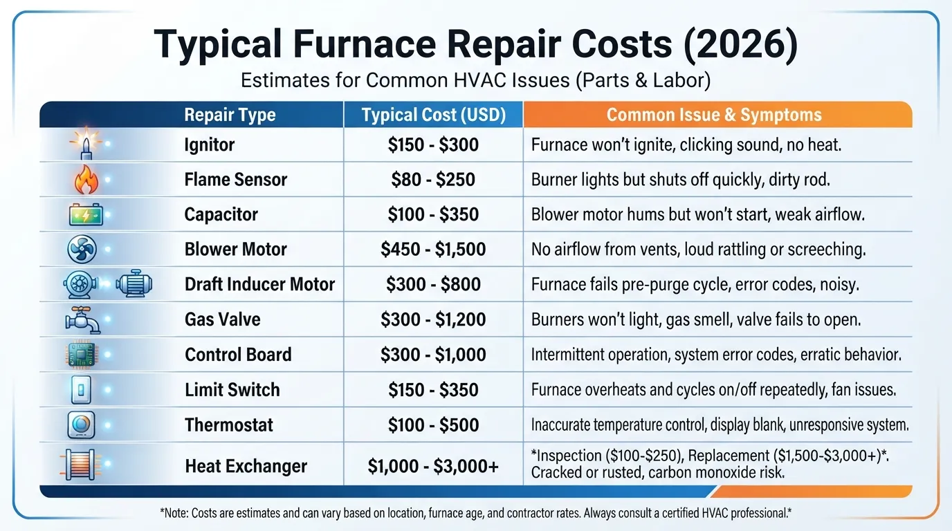 Typical furnace repair costs by part, 2026. 