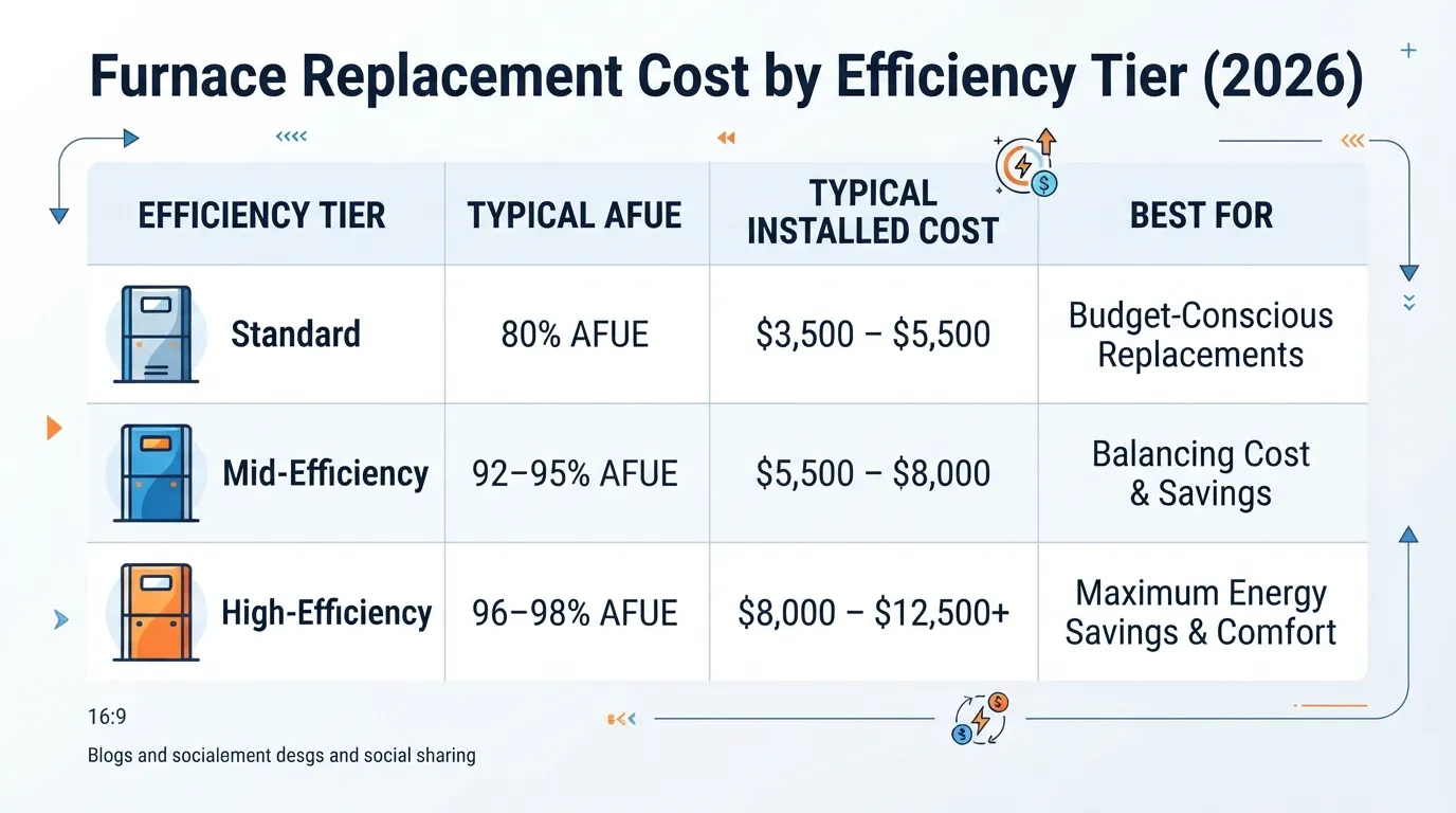 Furnace replacement cost by efficiency tier, 2026.