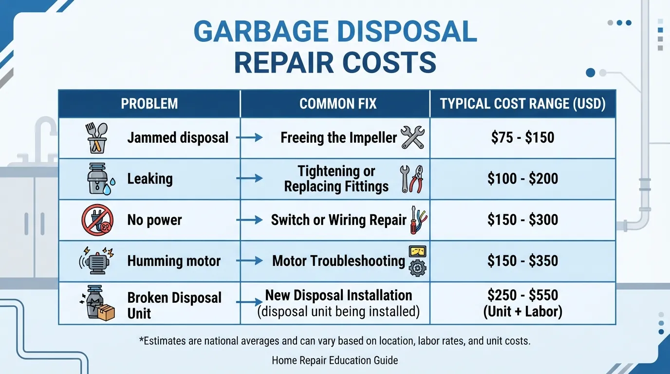 "Typical garbage disposal repair costs by problem."
