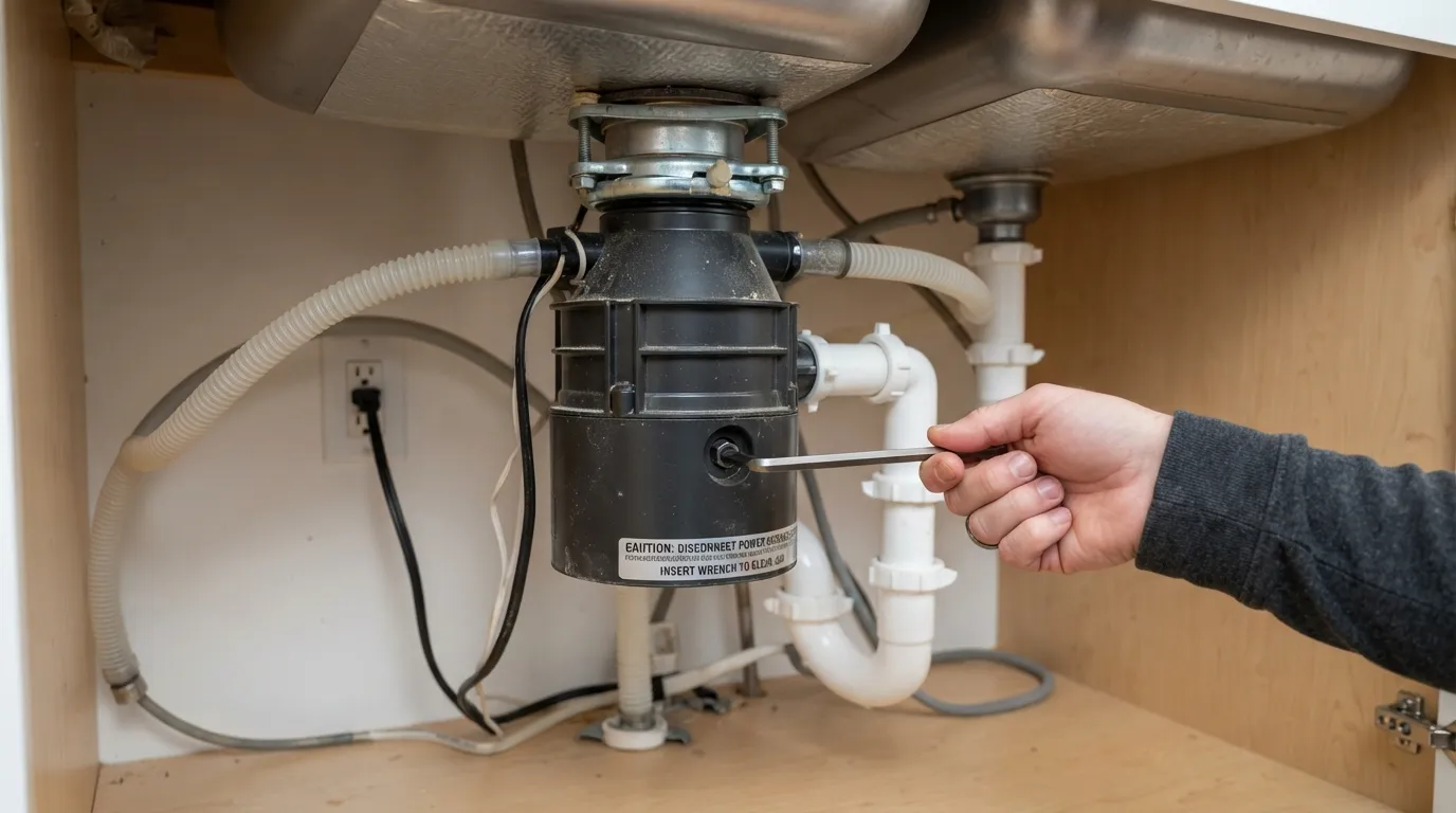Using an Allen wrench in the bottom hex socket to free a humming garbage disposal.