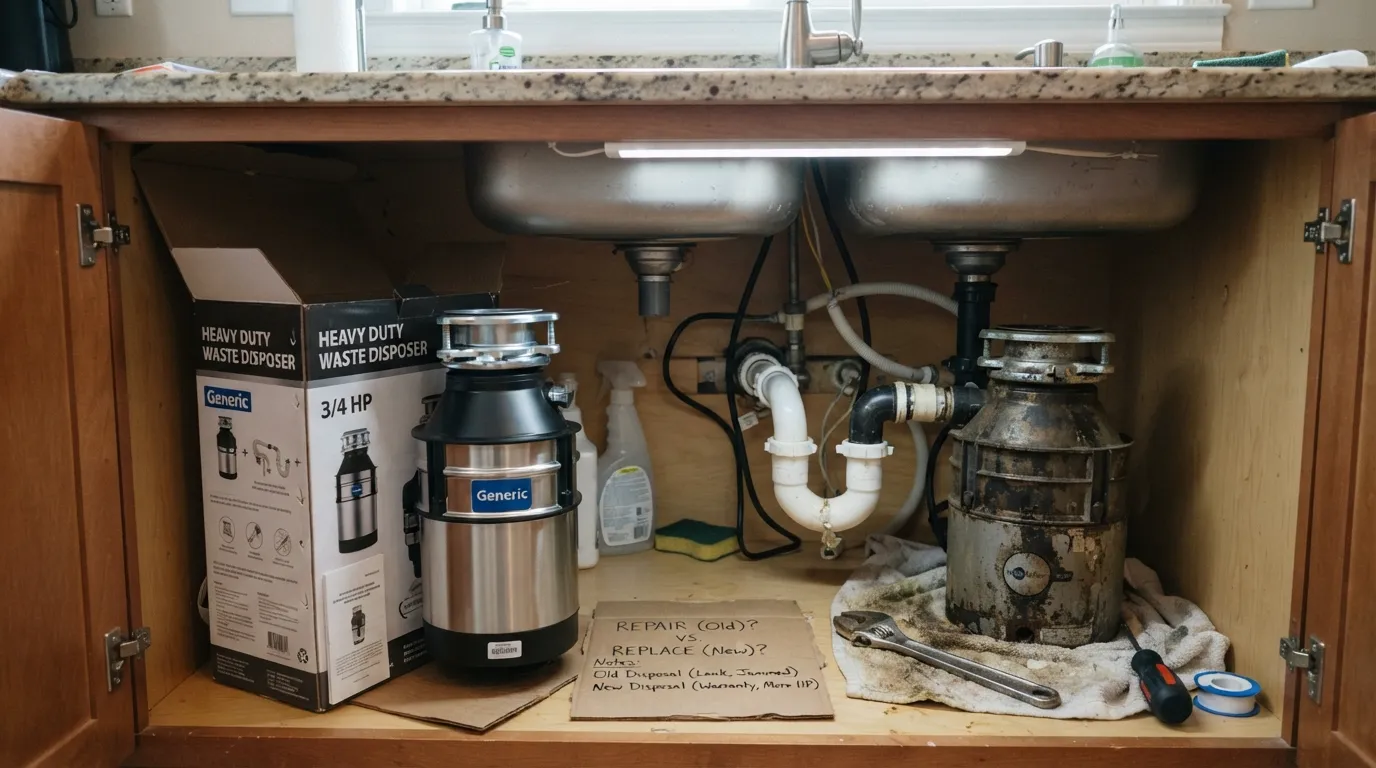 "New garbage disposal beside an old unit, comparing repair cost against replacement."