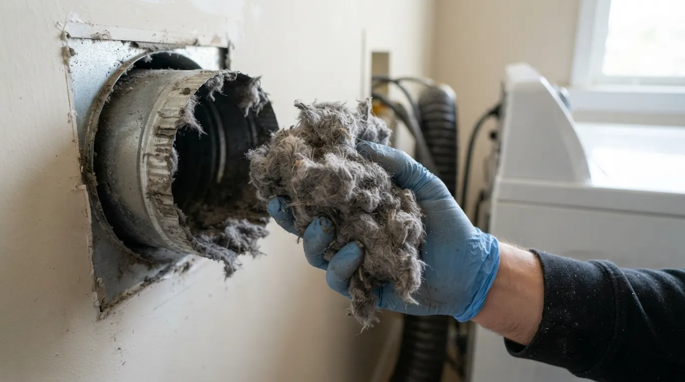 Lint removed from a clogged dryer vent.