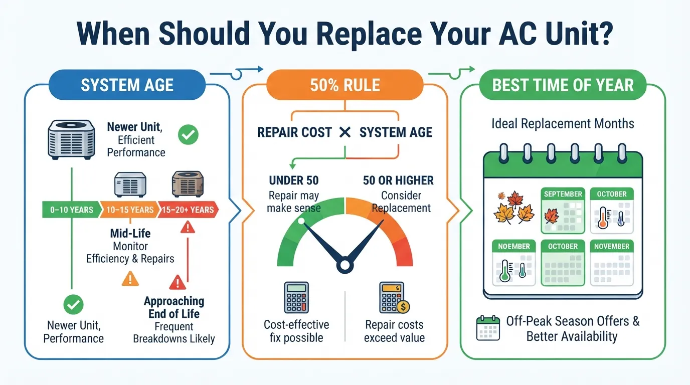 When to replace an AC unit: age, repair math, and best months. 