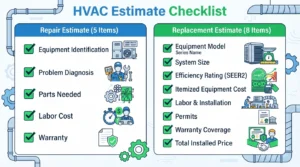 "Checklist of what belongs on HVAC repair and replacement estimates."