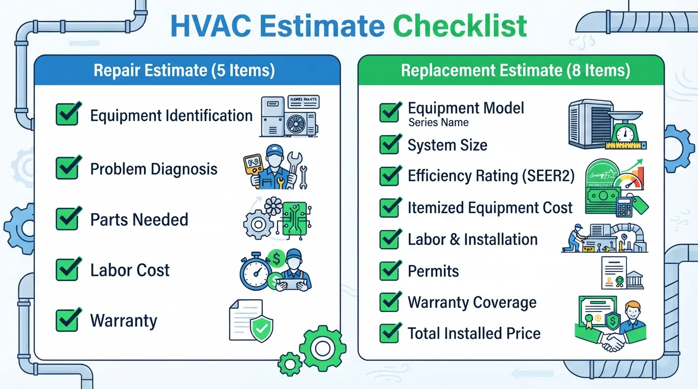 "Checklist of what belongs on HVAC repair and replacement estimates."