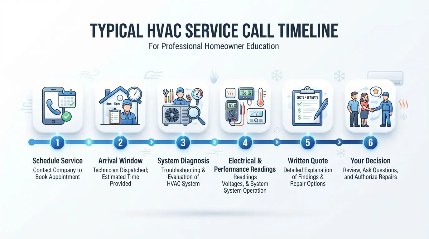 "Timeline of a typical HVAC service call from booking to written quote."