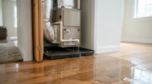 AC leaking water onto the floor from a clogged condensate drain.