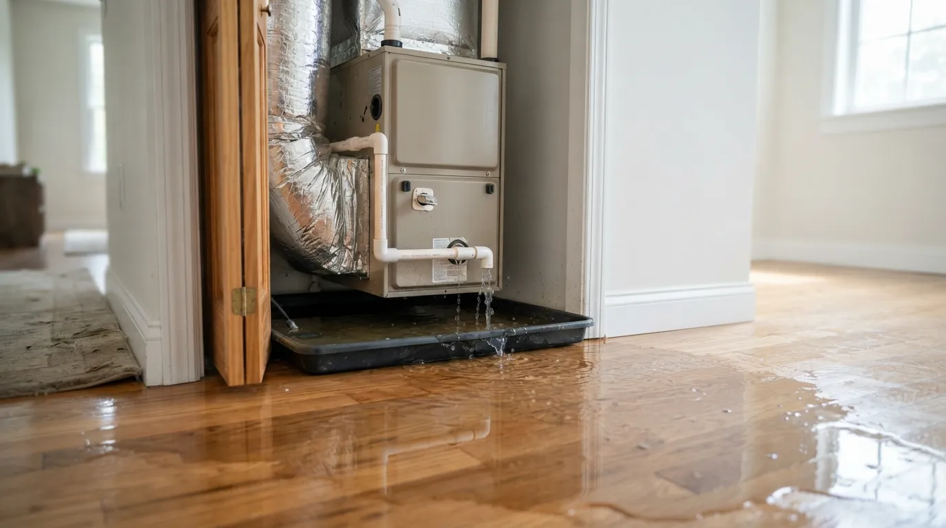 AC leaking water onto the floor from a clogged condensate drain.
