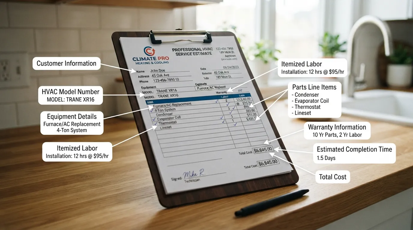 Anatomy of a written HVAC estimate with labeled parts