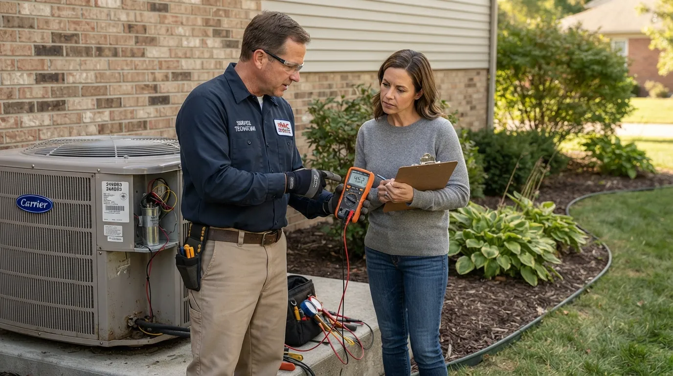 "HVAC technician showing a homeowner capacitor readings during a service call."