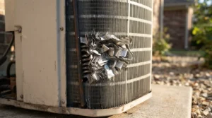 Hail-flattened aluminum fins on an AC condenser coil.