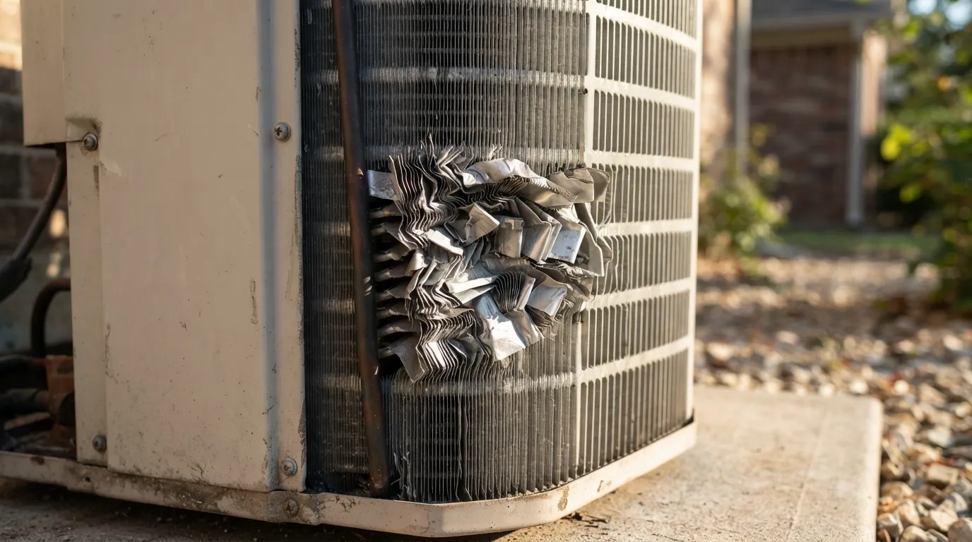 Hail-flattened aluminum fins on an AC condenser coil.