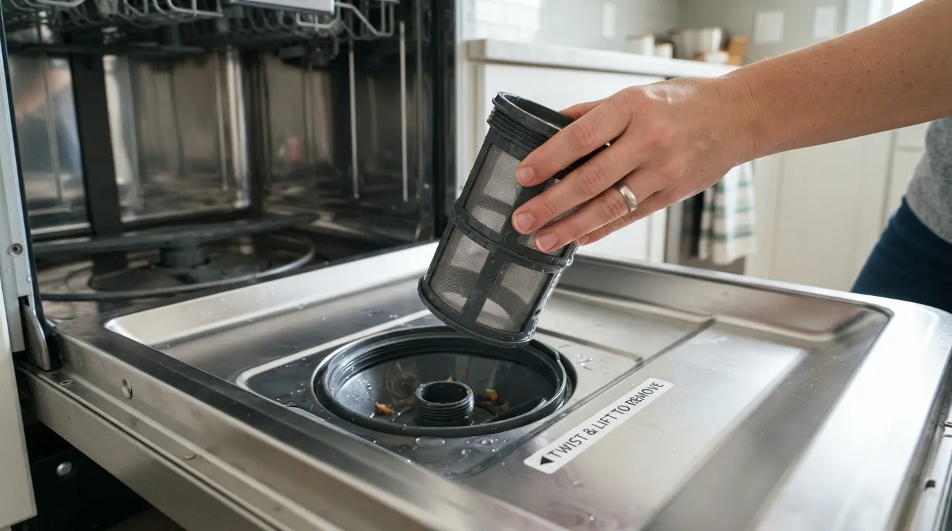 Hand removing the cylindrical dishwasher filter to clean debris and clear a drain clog.