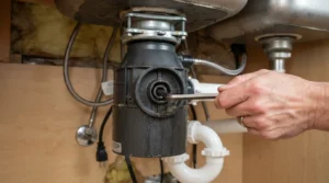Using an Allen wrench in the bottom socket to free a humming garbage disposal
