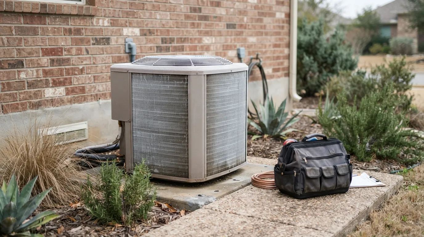 Heat pump repair visit at a frosted outdoor unit in Central Texas.