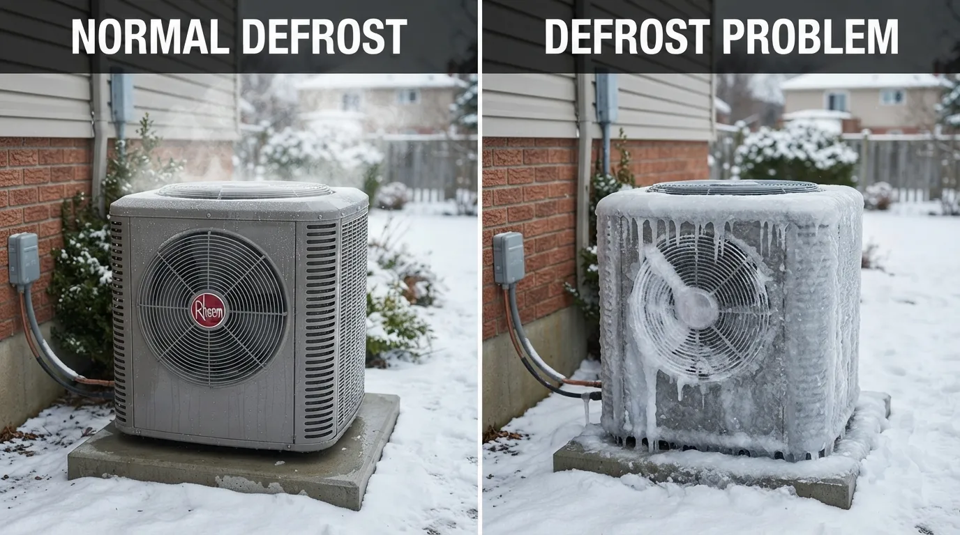 Normal heat pump defrost steam next to a unit iced over from a failed defrost cycle.