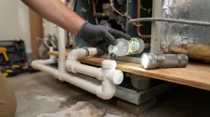 "Pouring vinegar into an AC drain line access tee."