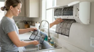 Cleaning mini split filters, the main DIY maintenance task.