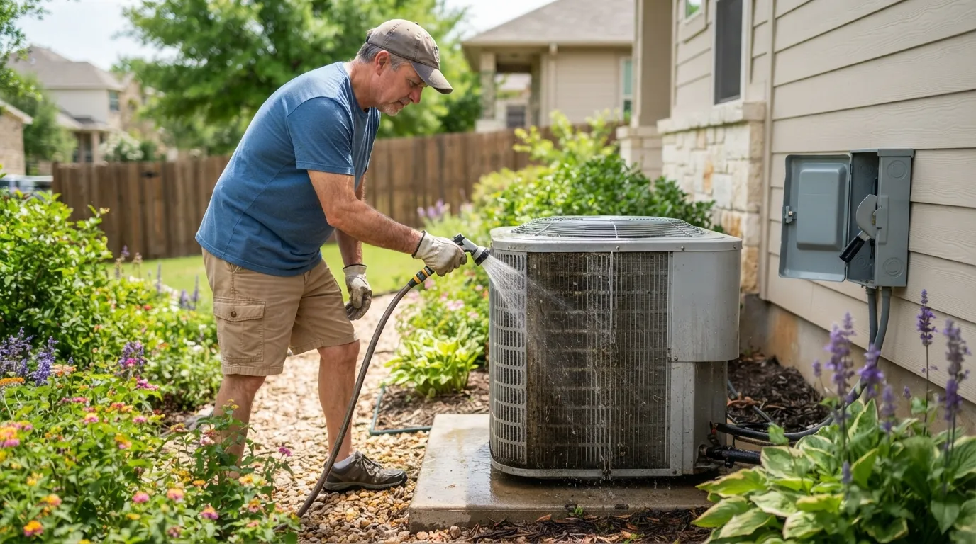 Rinsing an AC condenser coil with a garden hose during spring maintenance.