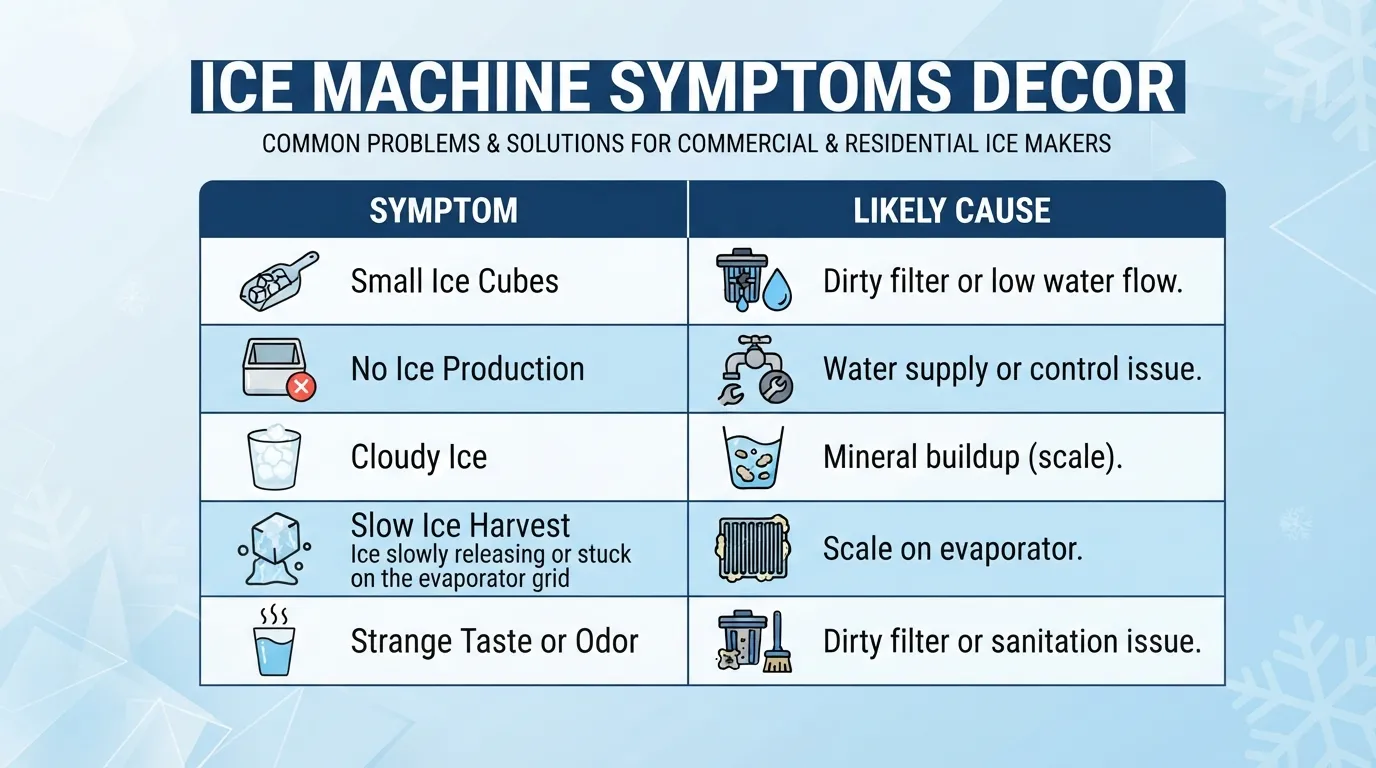 "Ice machine symptoms and likely causes chart."