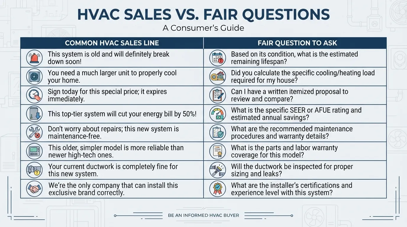 Eight HVAC sales lines with the fair question to ask for each.