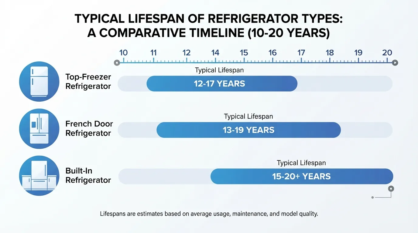 Chart of refrigerator lifespan by type, 10 to 20 years.