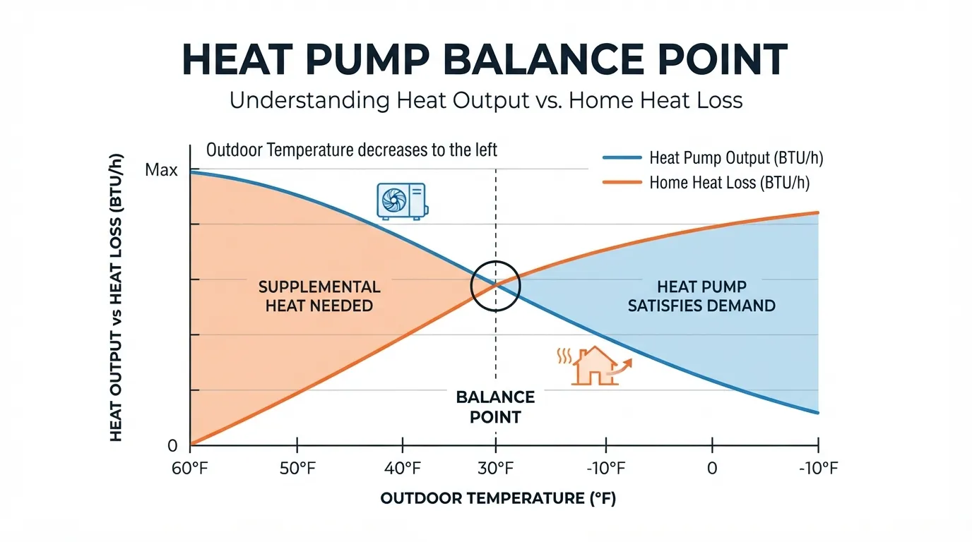 Heat pump balance point where output matches home heat loss