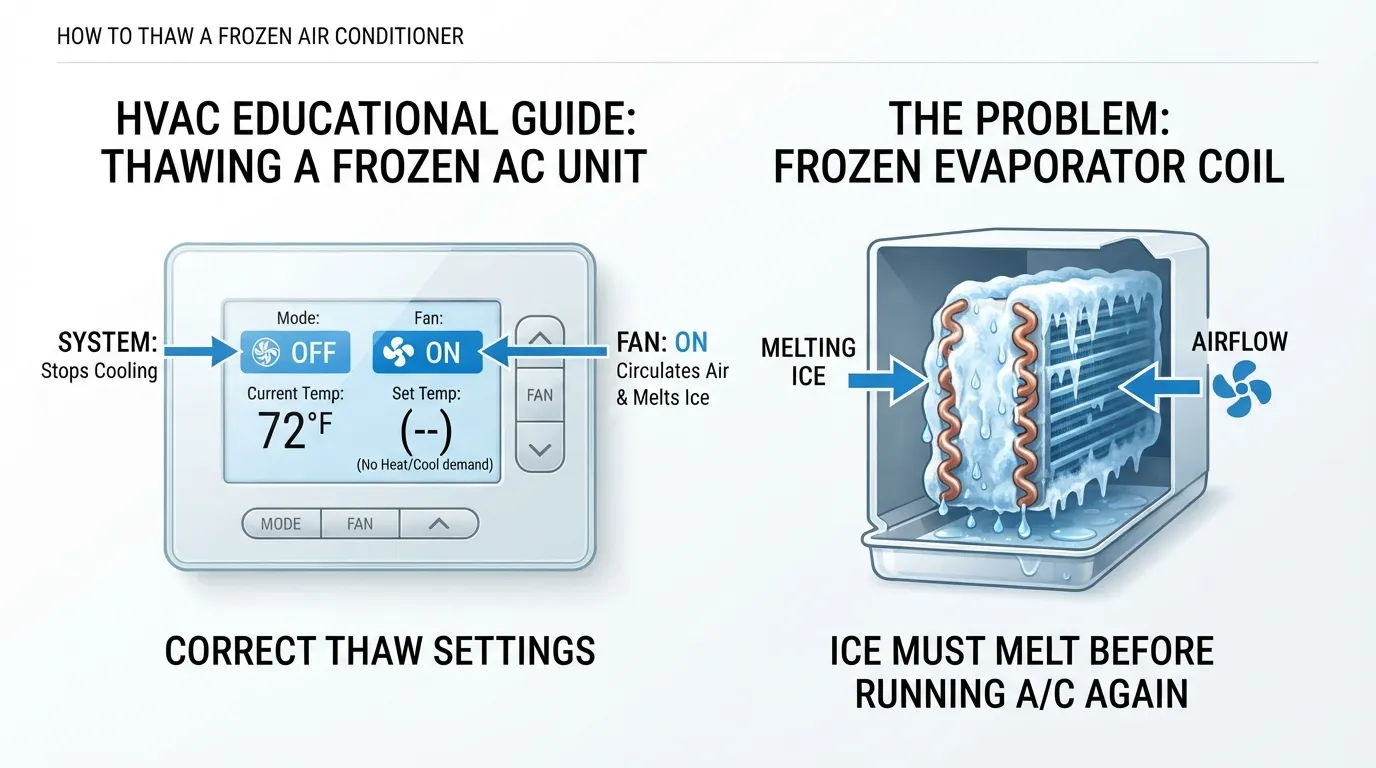 Thermostat settings to thaw a frozen AC: cooling off, fan on
