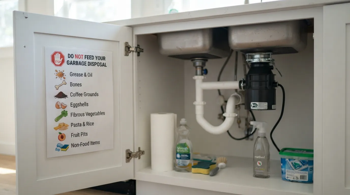 List of what not to put in a garbage disposal taped inside a cabinet door