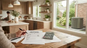 "HVAC financing paperwork reviewed at a kitchen table."