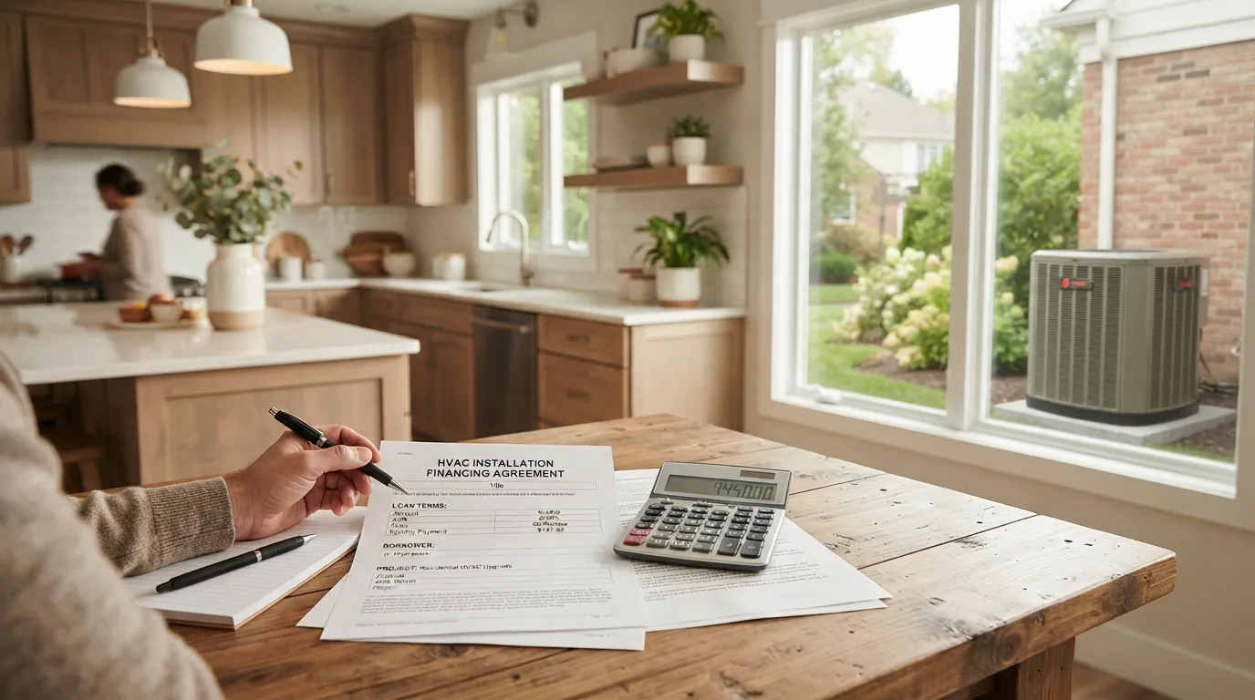 "HVAC financing paperwork reviewed at a kitchen table."
