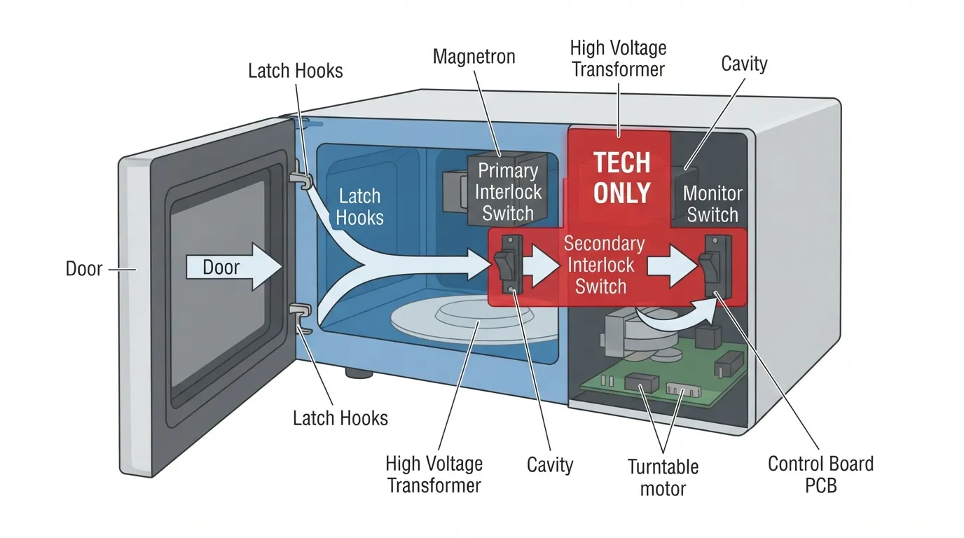 Microwave door interlock switches behind the front panel.