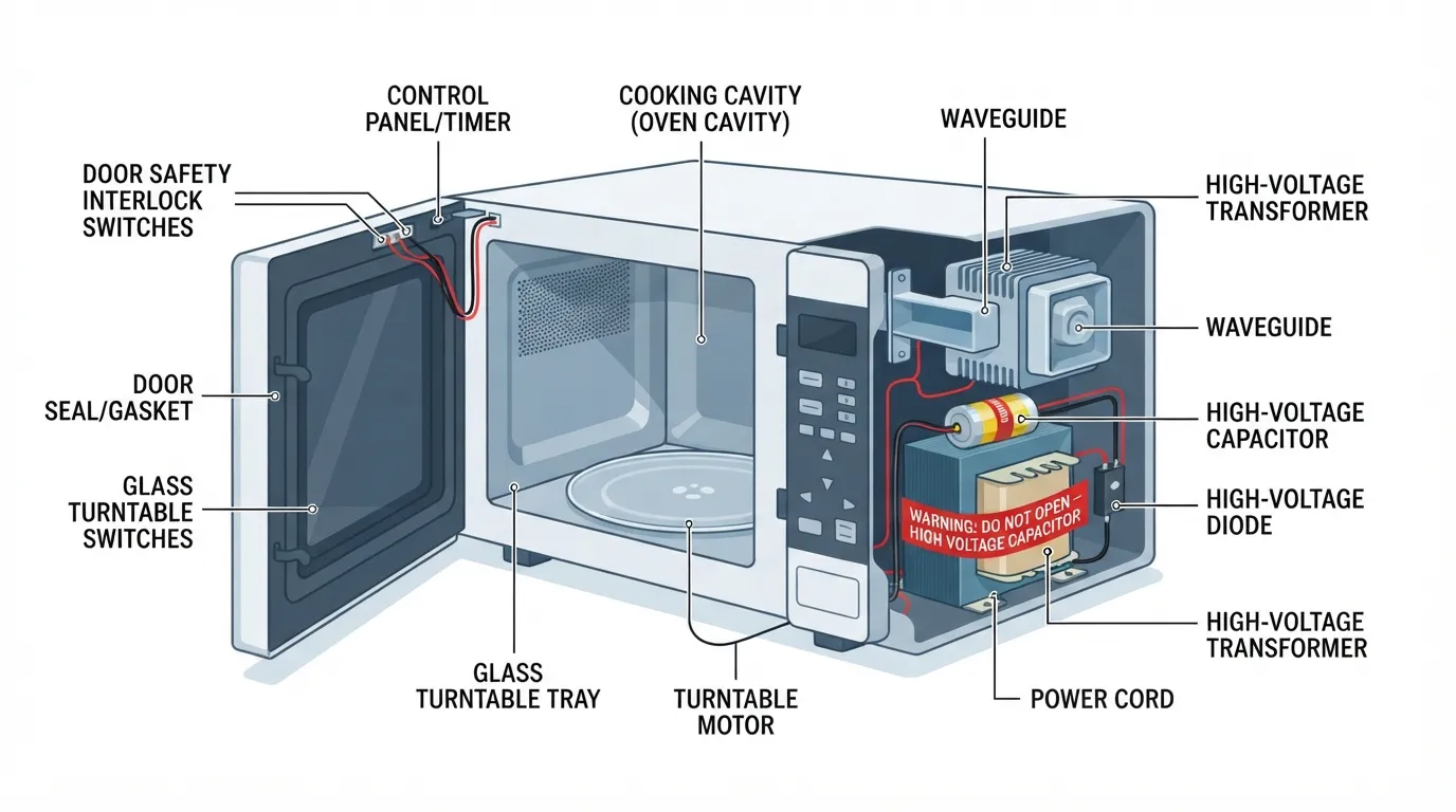 Microwave heating circuit parts and the high-voltage capacitor hazard zone.