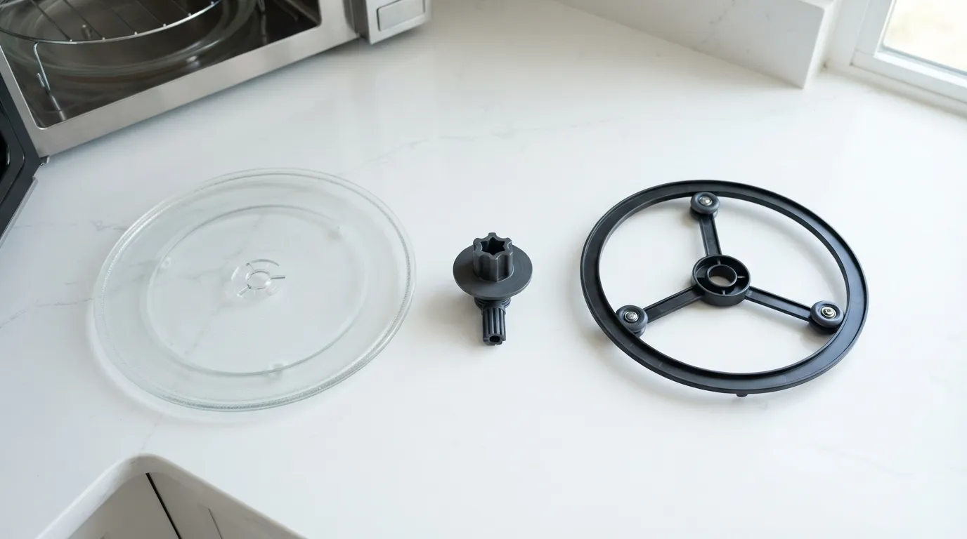 Microwave glass tray, coupler, and roller ring — the three parts to check when the plate stops spinning.