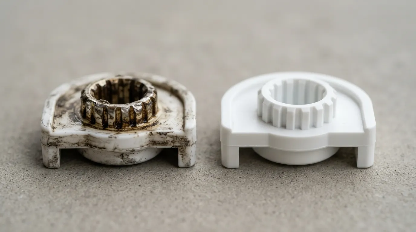 Worn microwave turntable coupler next to a new replacement.