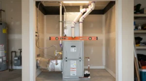 Newly installed high-efficiency furnace with PVC venting in a Central Texas garage