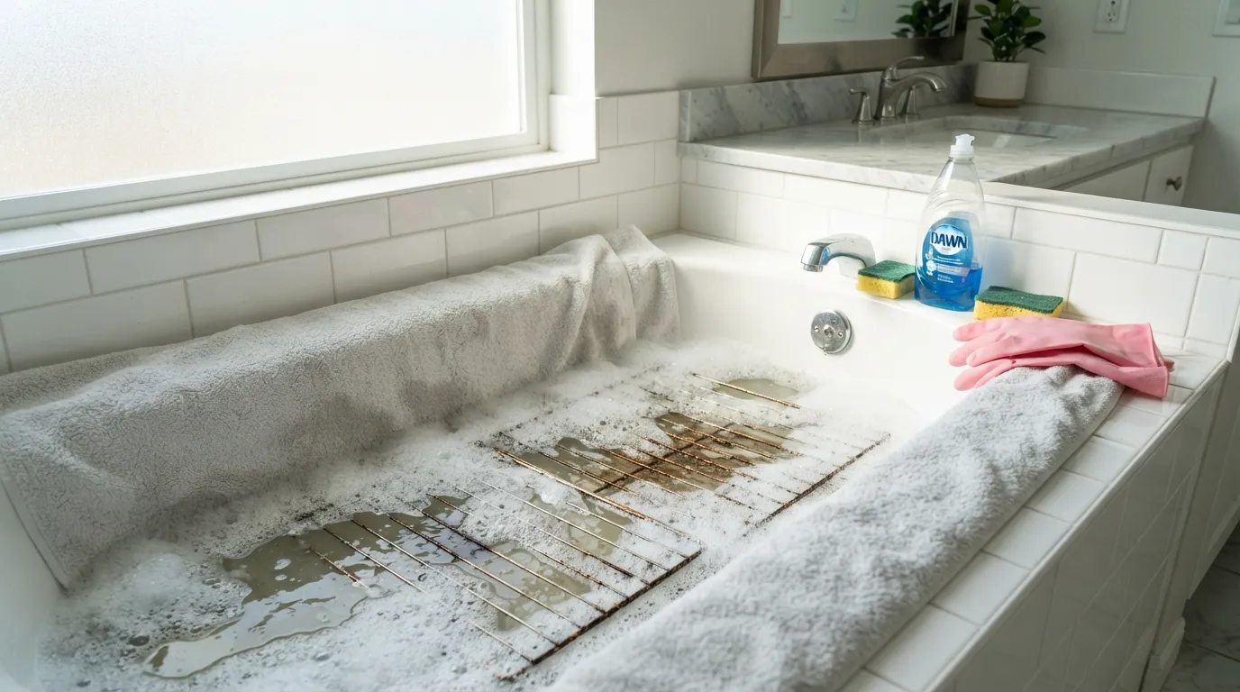 Cleaning oven racks in a bathtub with hot water and dish soap.