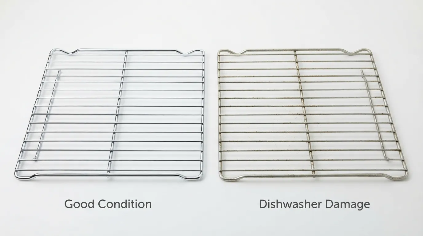 Oven rack plating dulled and rusting after repeated dishwasher cycles.